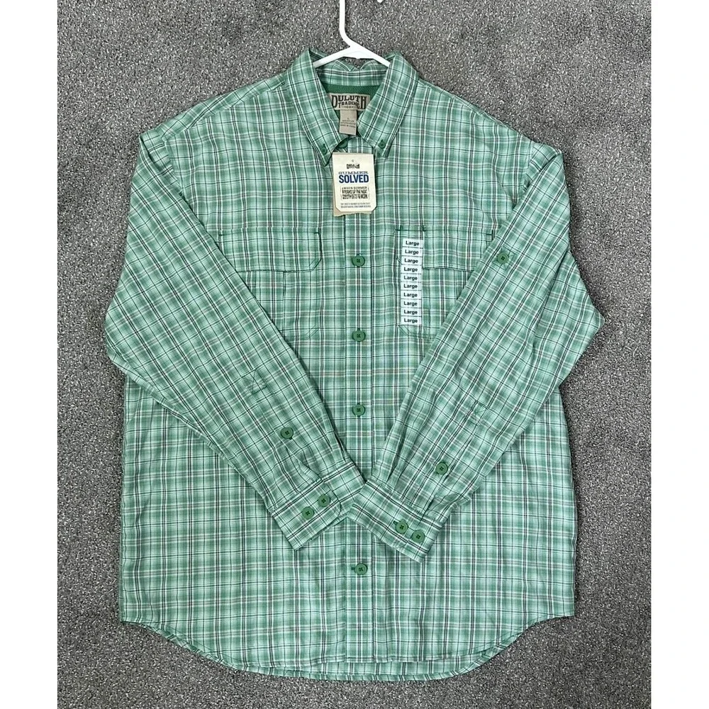 Duluth Trading Armachillo Cooling Shirt Men's Large NWT Green Plaid Long Sleeve - Picture 2 of 9
